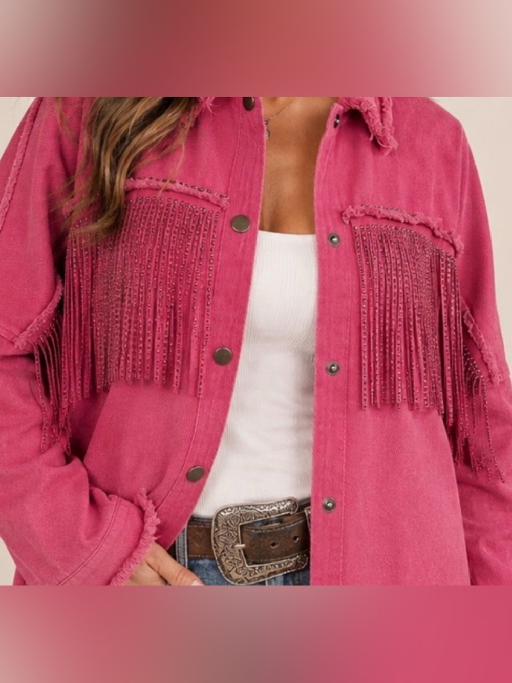 GeeGee Pink Rhinestone Fringe Denim Shacket Western Cowgirl
